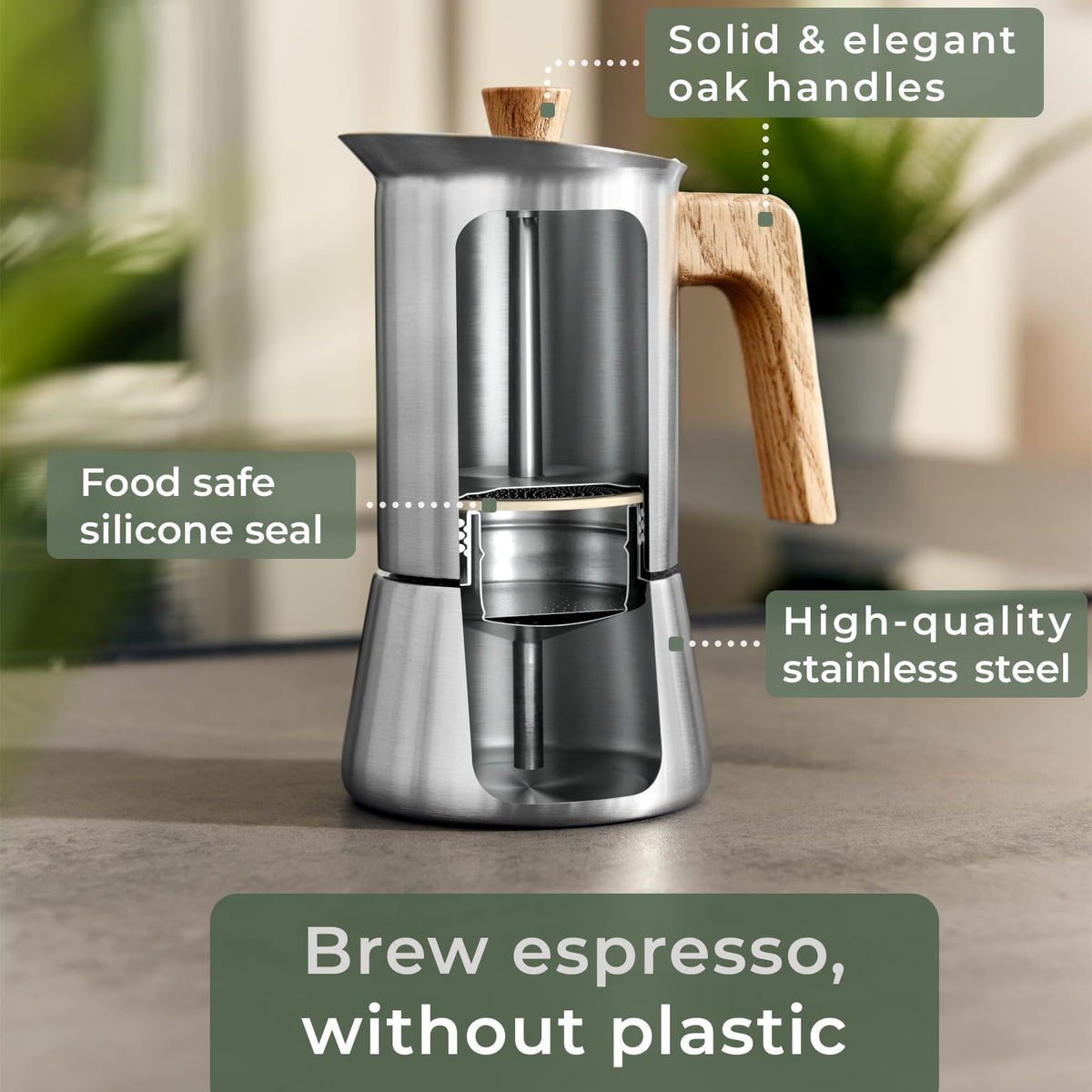 Stainless Steel Moka Pot 10oz Oak Wood Handle Stovetop Espresso Maker J617553