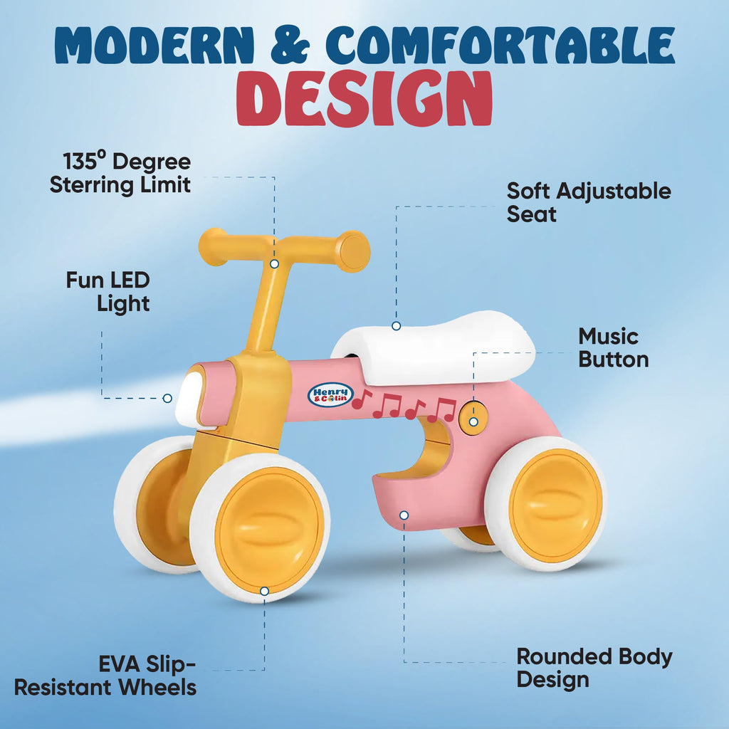 4 Wheel Toddler Balance Bike with Lights Music Soft Seat Pink P324957