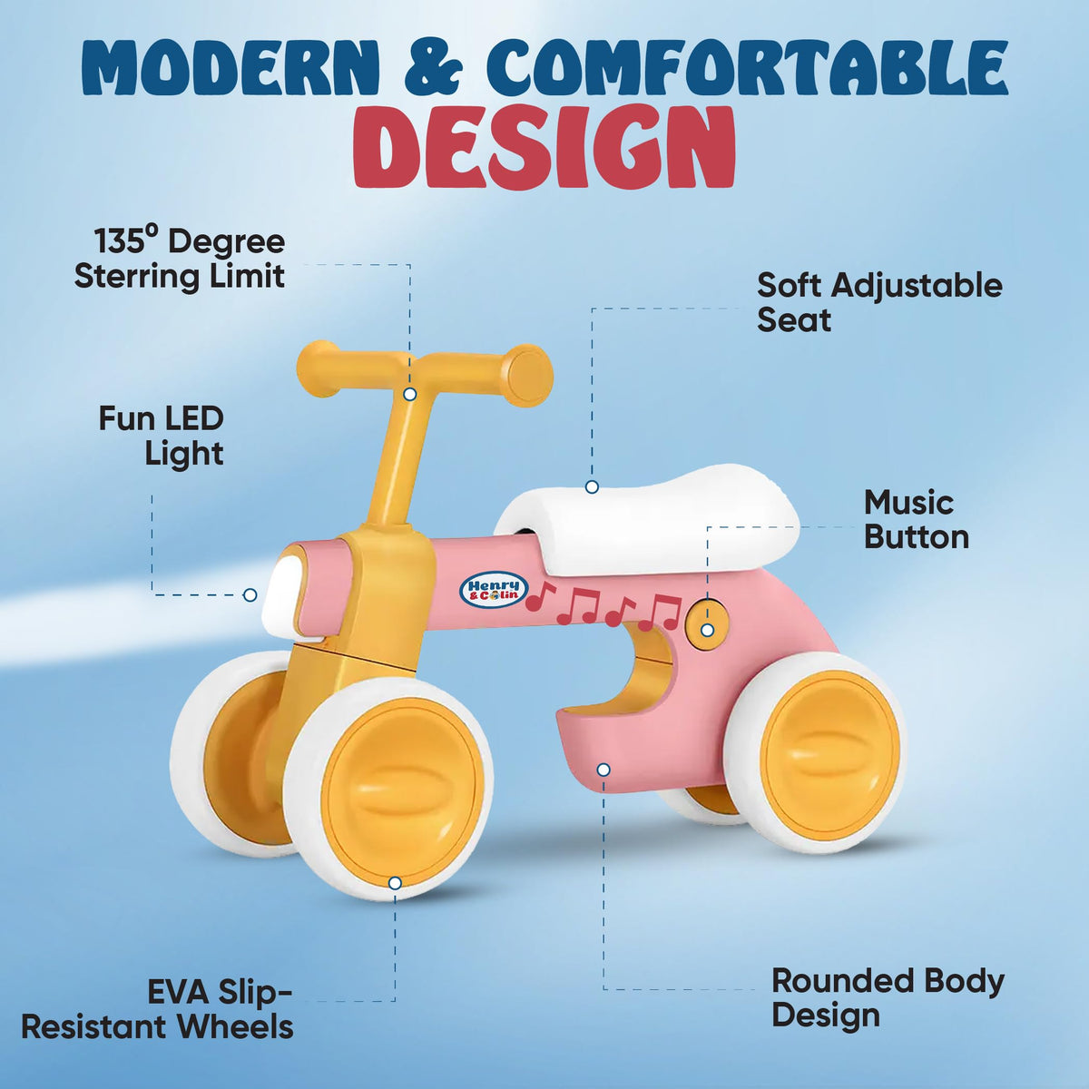 4 Wheel Toddler Balance Bike with Lights Music Soft Seat Pink P324957
