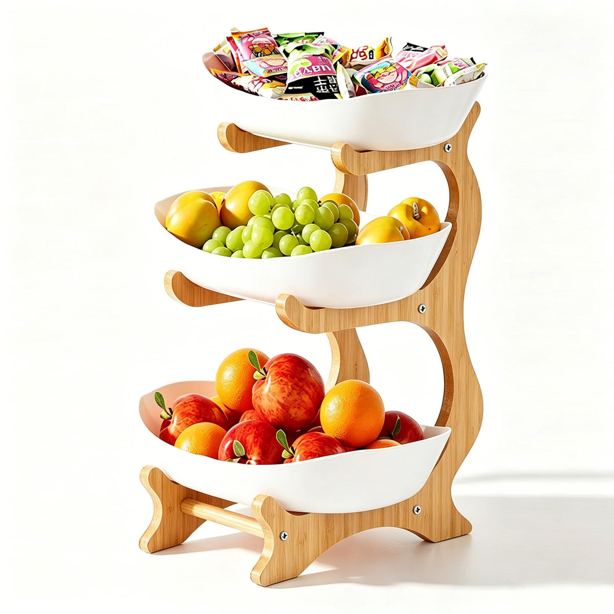 3 Tier Plastic Fruit Bowl with Bamboo Stand B97985