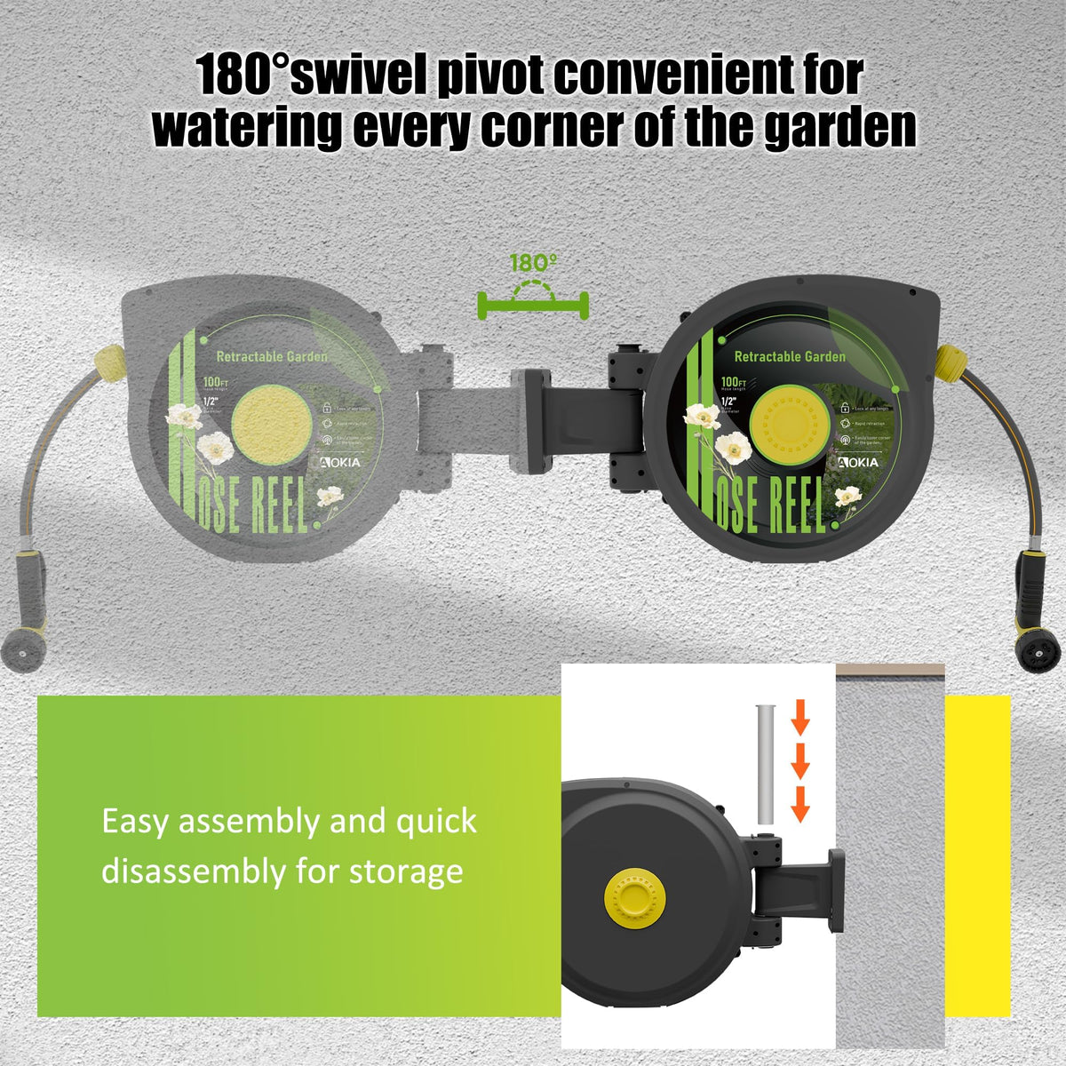 Retractable Garden Hose Reel, 1/2 in x 100 ft Wall Mounted Heavy Duty with 9 Patterns Nozzle Y42944