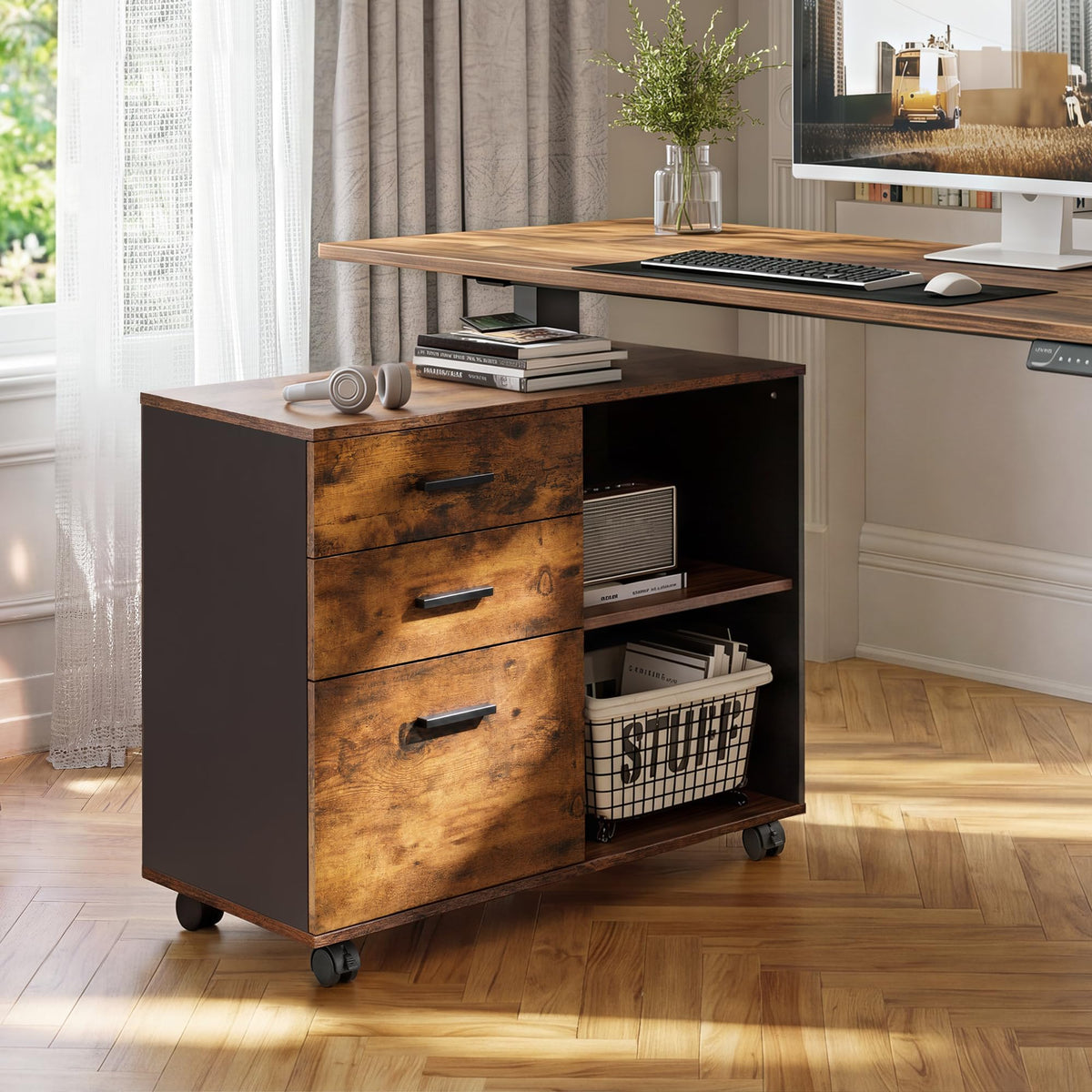 3 Drawer Wood File Cabinet with Storage Shelf D7611