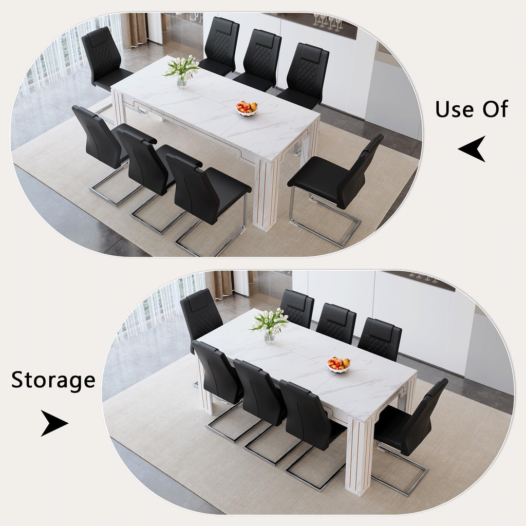 9-Piece Walnut Wood Grain Dining Table Set with 8 Black PU Leather Chairs Y6084