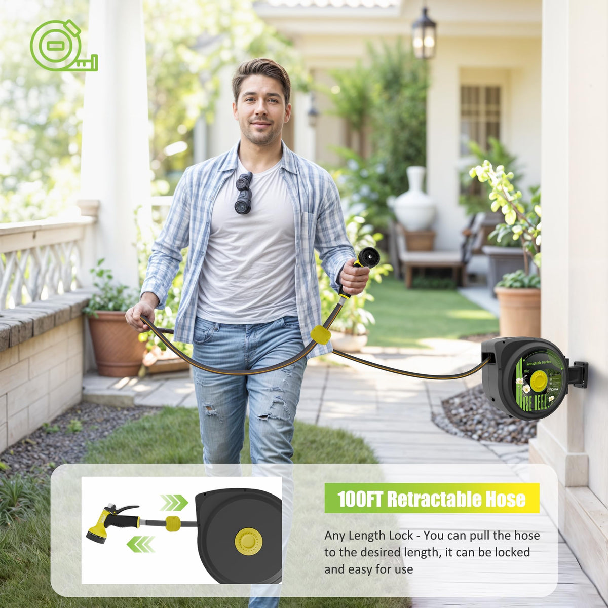Retractable Garden Hose Reel, 1/2 in x 100 ft Wall Mounted Heavy Duty with 9 Patterns Nozzle Y42944