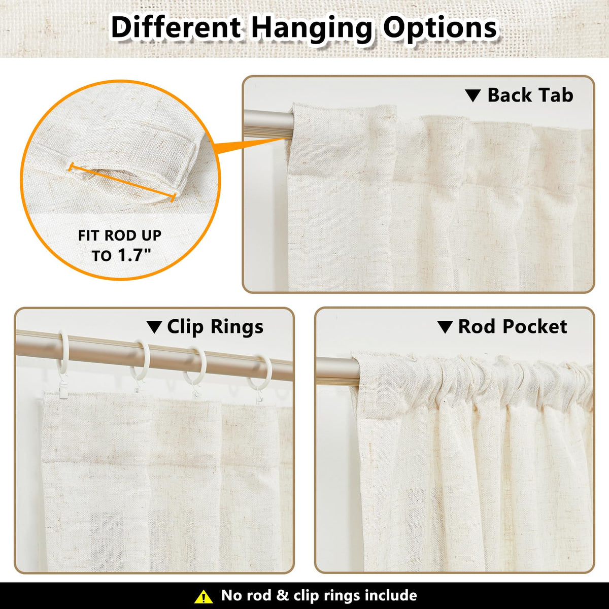90 Inches Long Semi Sheer Linen Curtains, 2 Panels M38280
