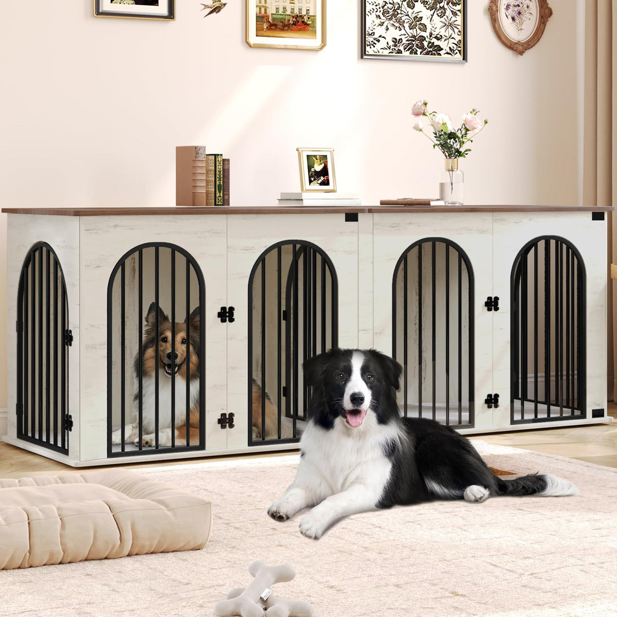 Double Dog Crate Furniture with Cushion H9451