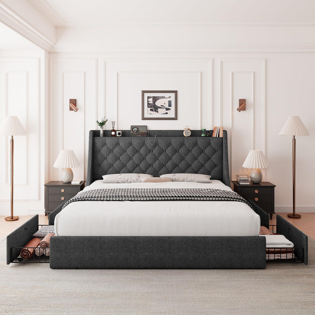 Queen Bed Frame with 4 Storage Drawers Upholstered Dark Grey Y578