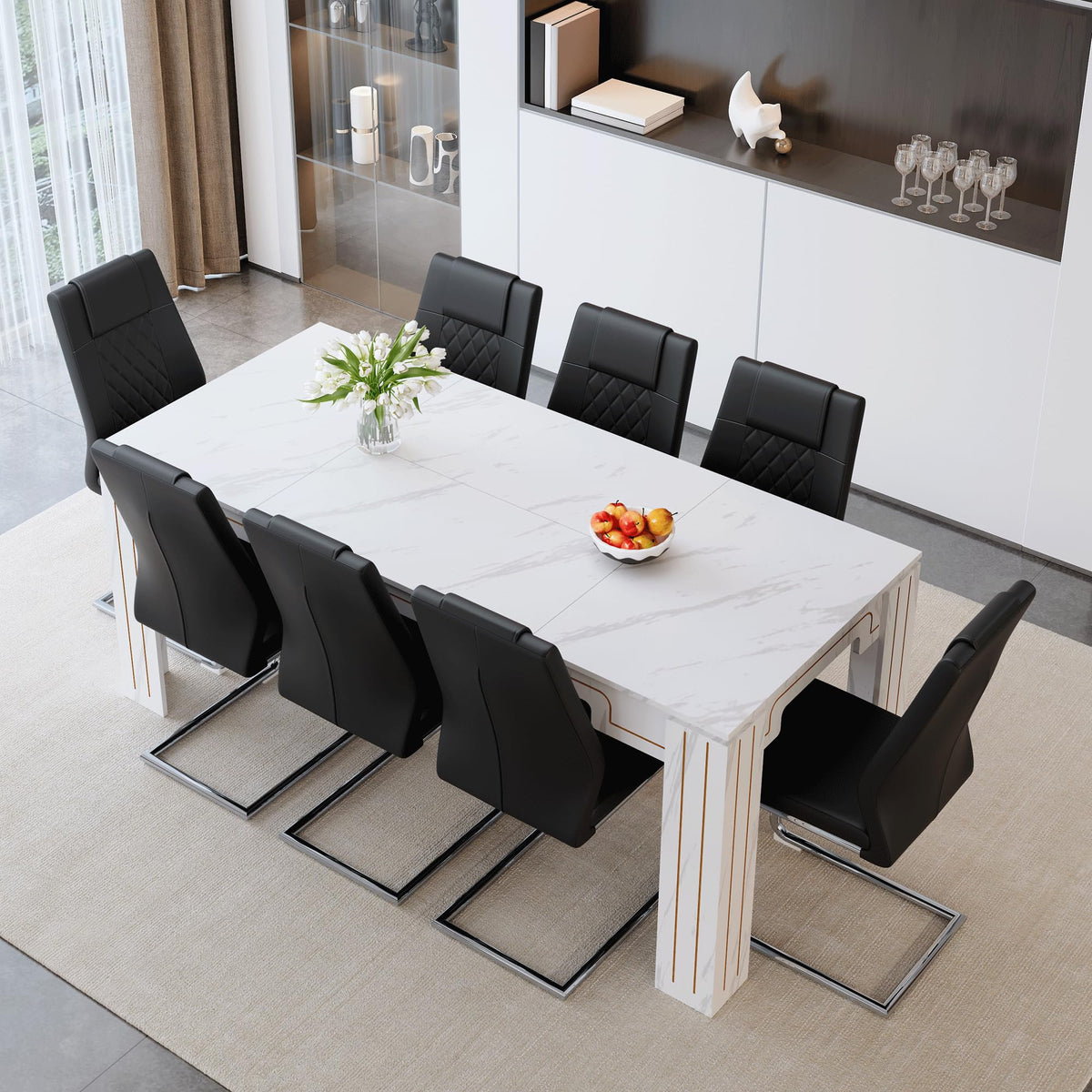 9-Piece Walnut Wood Grain Dining Table Set with 8 Black PU Leather Chairs Y6084