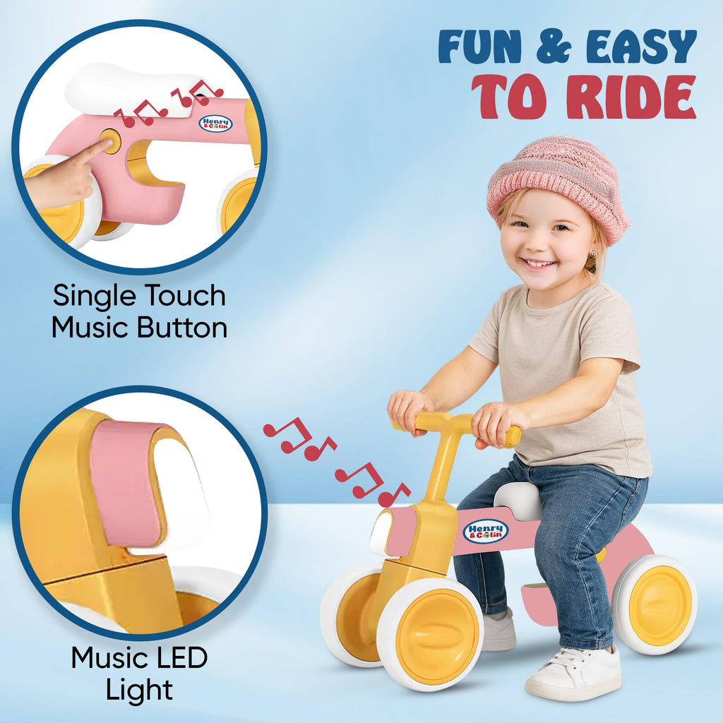 4 Wheel Toddler Balance Bike with Lights Music Soft Seat Pink P324957
