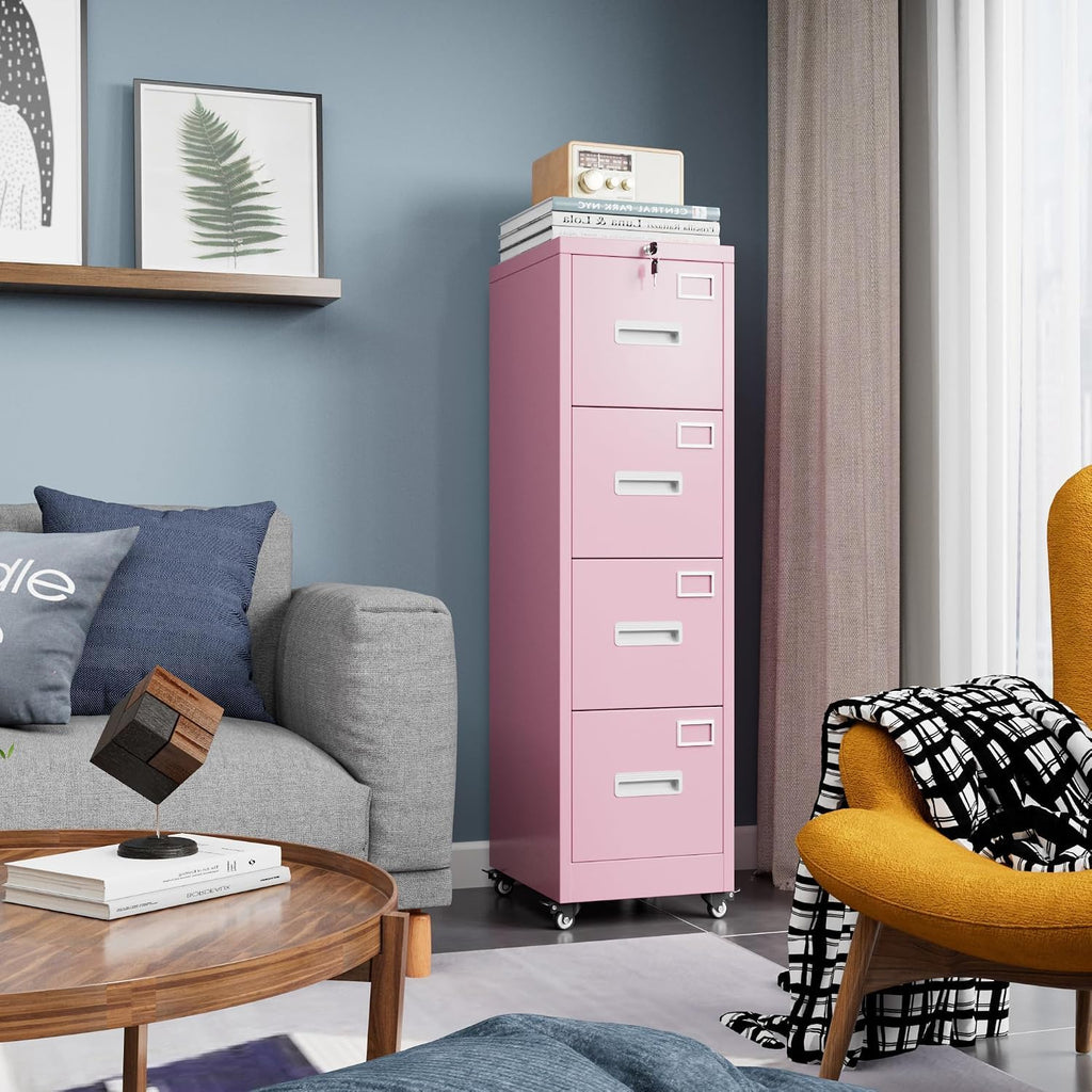 Pink 4-Drawer Metal File Cabinet with Lock and Wheels L87755