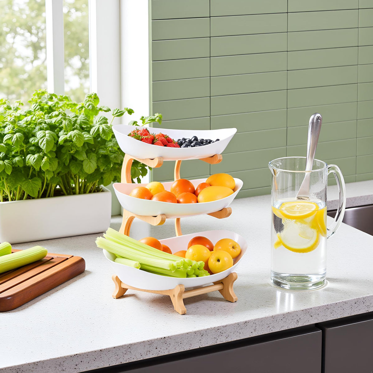3 Tier Plastic Fruit Bowl with Bamboo Stand B97985