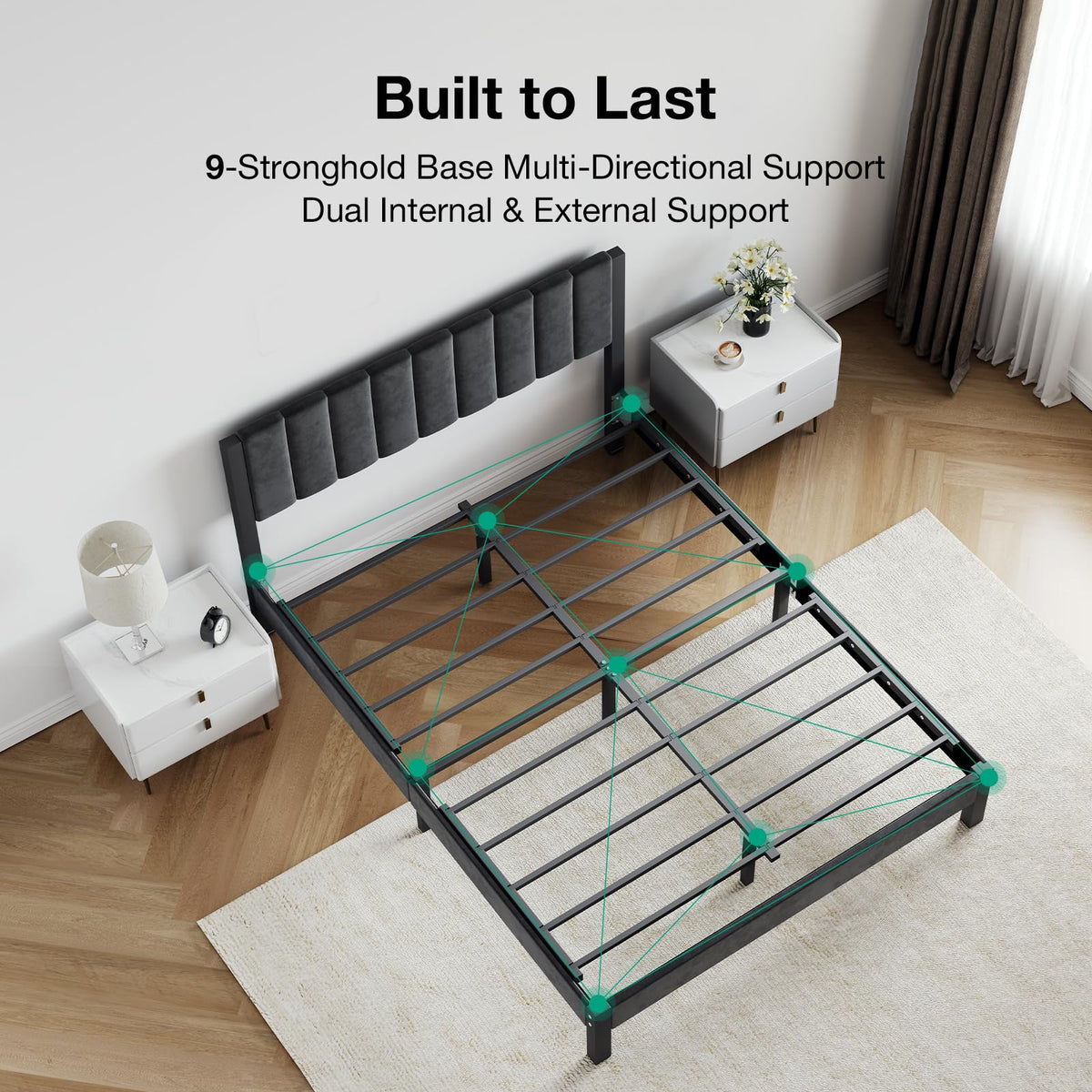 Twin Size Metal Platform Bed Frame with Velvet Headboard and Footboard C777191