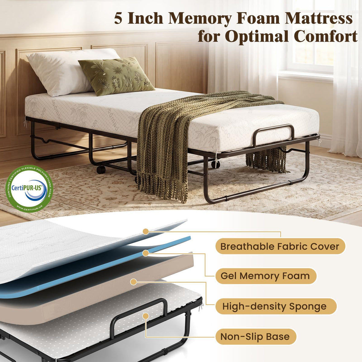 Folding Bed with 5-Inch Mattress, Twin Size Foldable Guest Bed with Metal Frame X59166