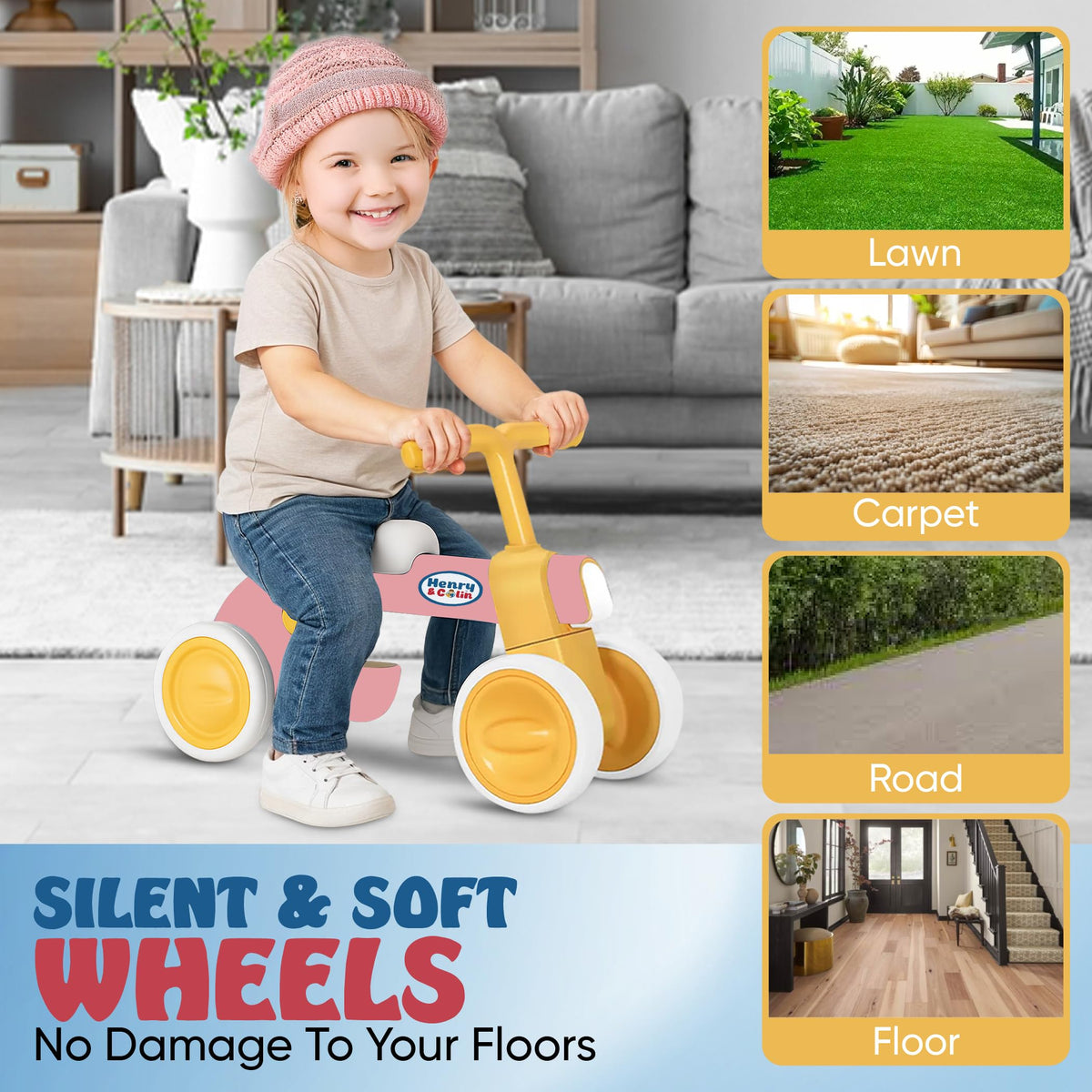 4 Wheel Toddler Balance Bike with Lights Music Soft Seat Pink P324957