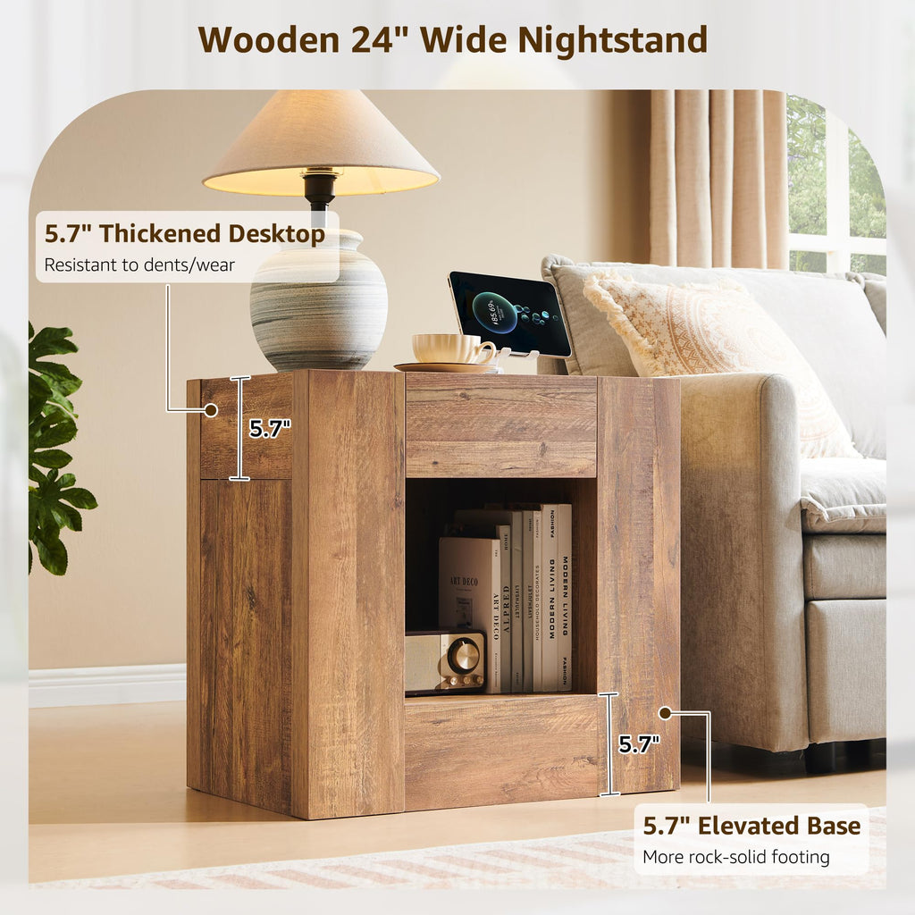 24" Nightstand Set of 2 with Drawer and Storage Shelf Y4836