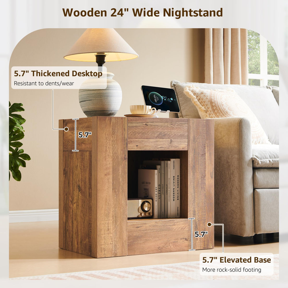 24" Nightstand Set of 2 with Drawer and Storage Shelf Y4836