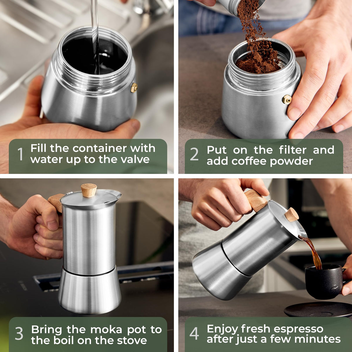Stainless Steel Moka Pot 10oz Oak Wood Handle Stovetop Espresso Maker J617553