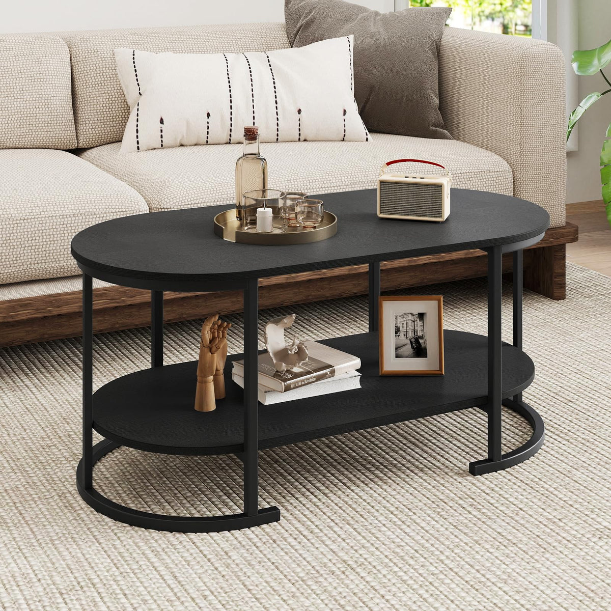 Black 2-Tier Oval Wood Coffee Table with Storage Z37571