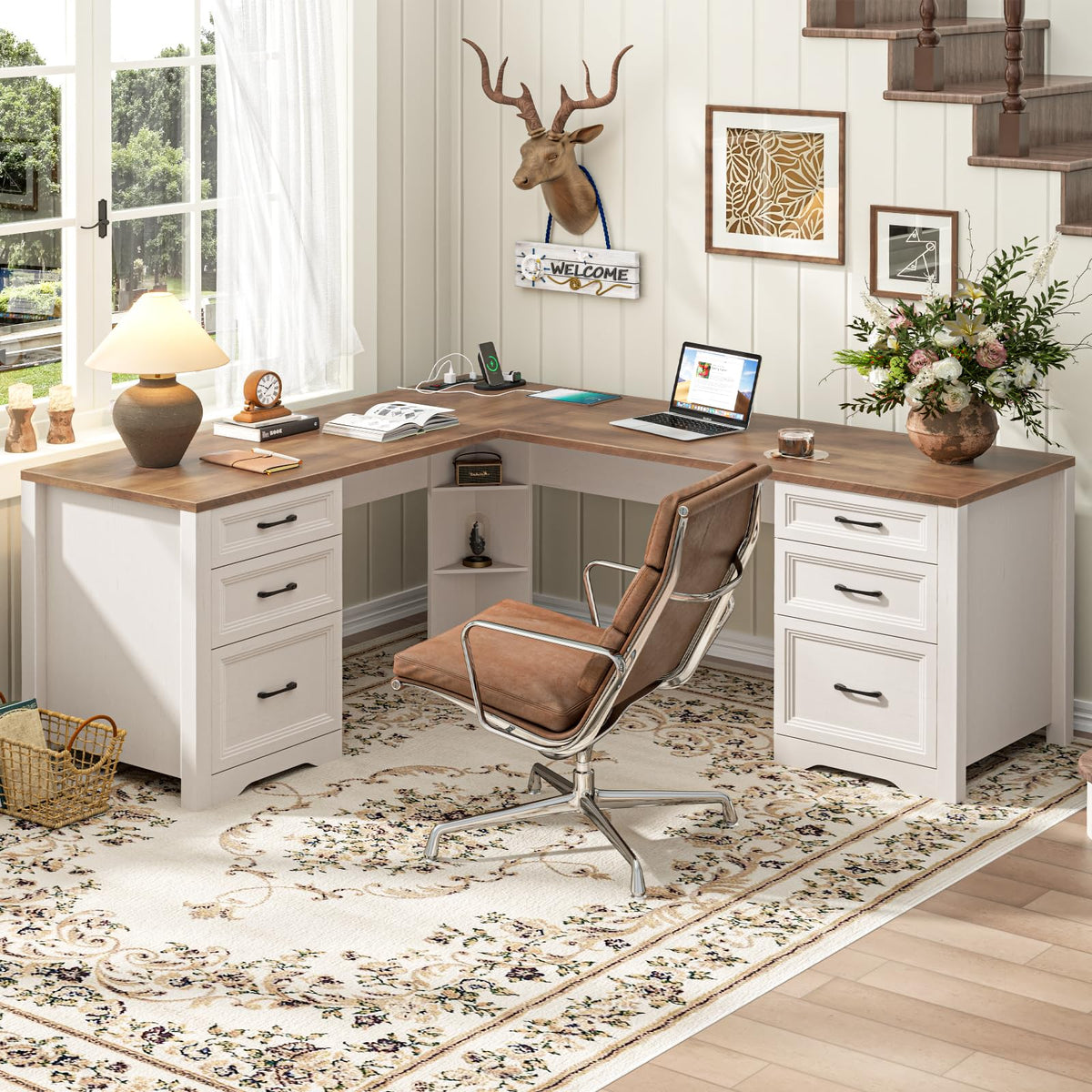 Brown L Shaped Executive Desk with 6 Drawers N72165