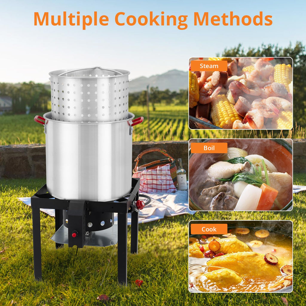 60QT Seafood Boil Pot with Strainer Basket and Propane Burner Stove L9898