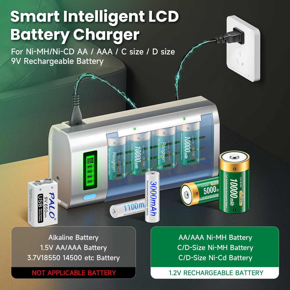 Rechargeable C Batteries with Charger, 6-Pack 1.2V NiMH 5000mAh Q125385
