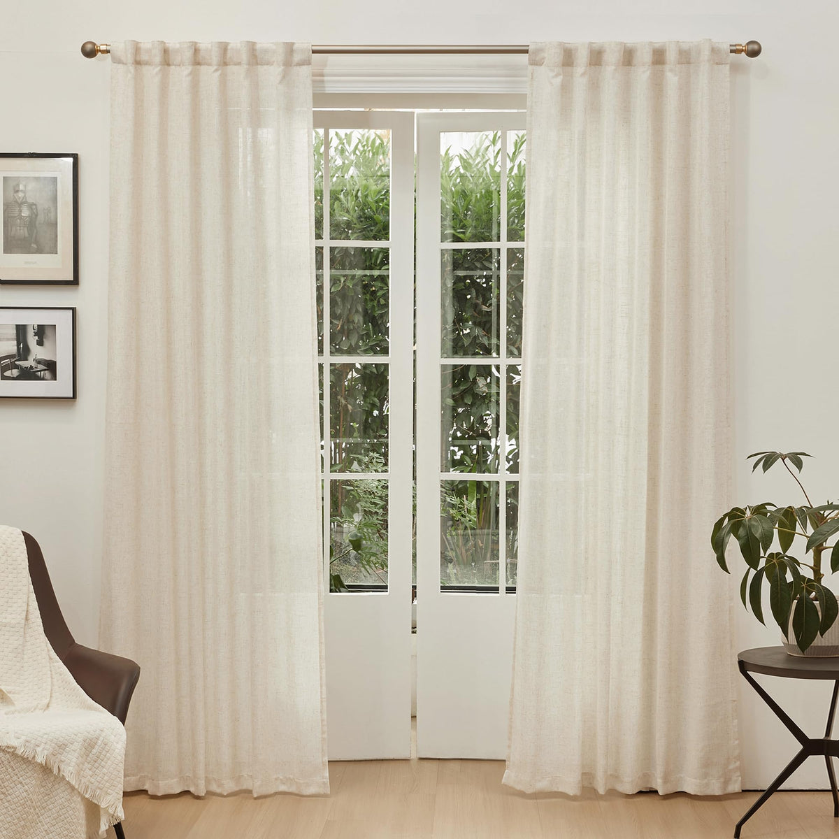90 Inches Long Semi Sheer Linen Curtains, 2 Panels M38280