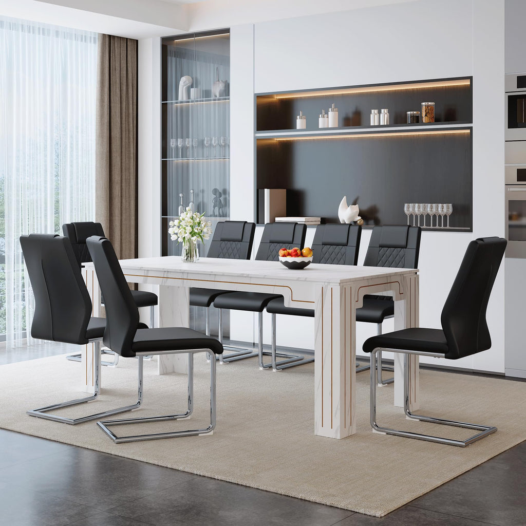 9-Piece Walnut Wood Grain Dining Table Set with 8 Black PU Leather Chairs Y6084