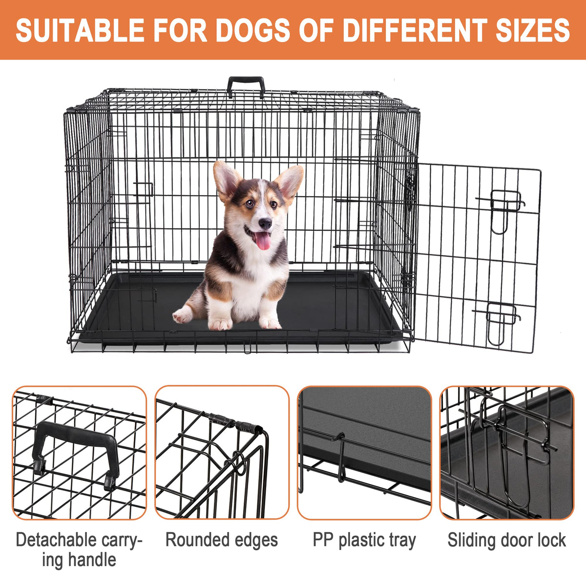 Double Door Folding Metal Wire Dog Crate with Tray T34173