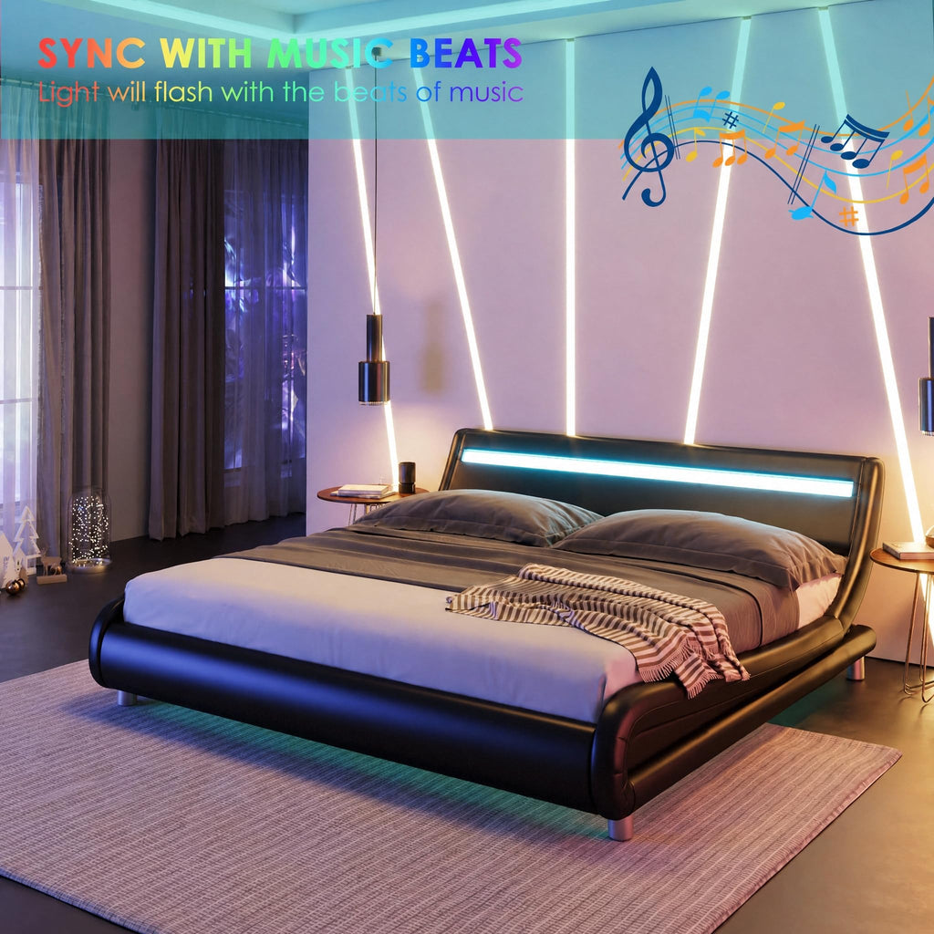 Black Upholstered Full LED Platform Bed Frame with Headboard D368407