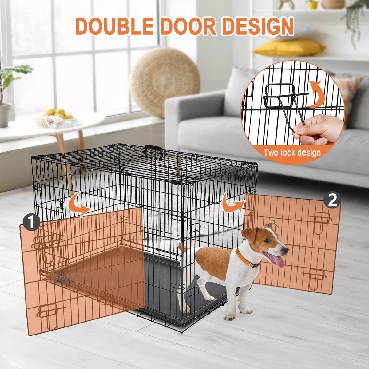 Double Door Folding Metal Wire Dog Crate with Tray T34173