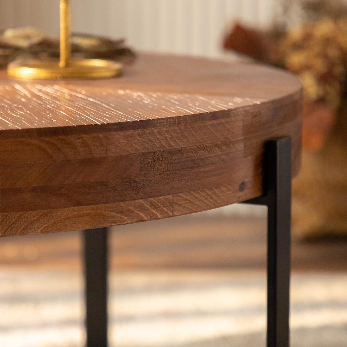 Round Coffee Table with Fir Wood Top and Black Cross Legs H102773