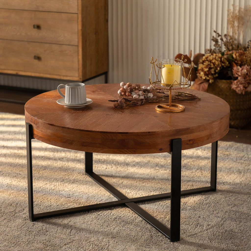 Round Coffee Table with Fir Wood Top and Black Cross Legs H102773