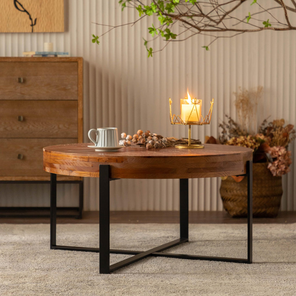 Round Coffee Table with Fir Wood Top and Black Cross Legs H102773