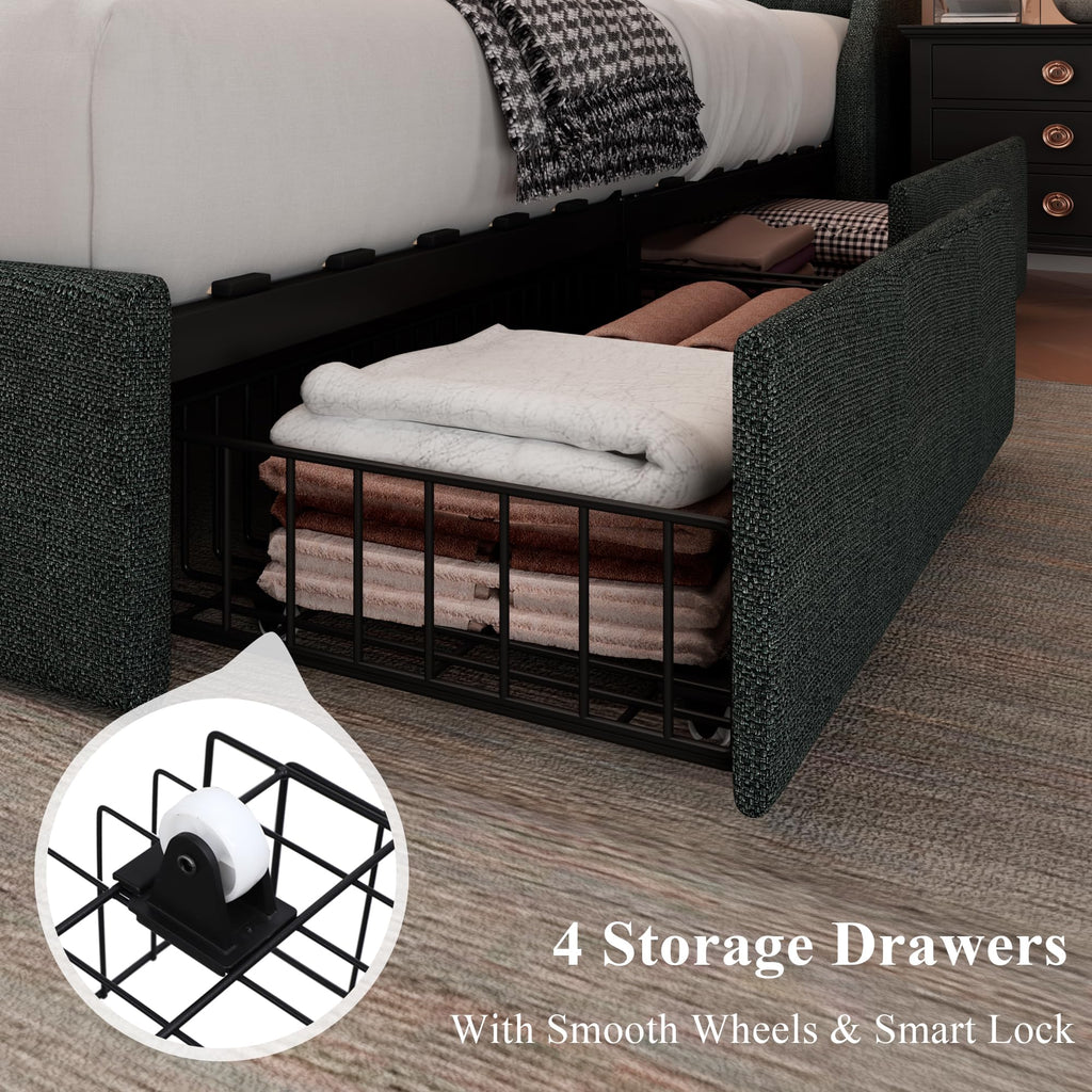 Queen Bed Frame with 4 Storage Drawers Upholstered Dark Grey Y578