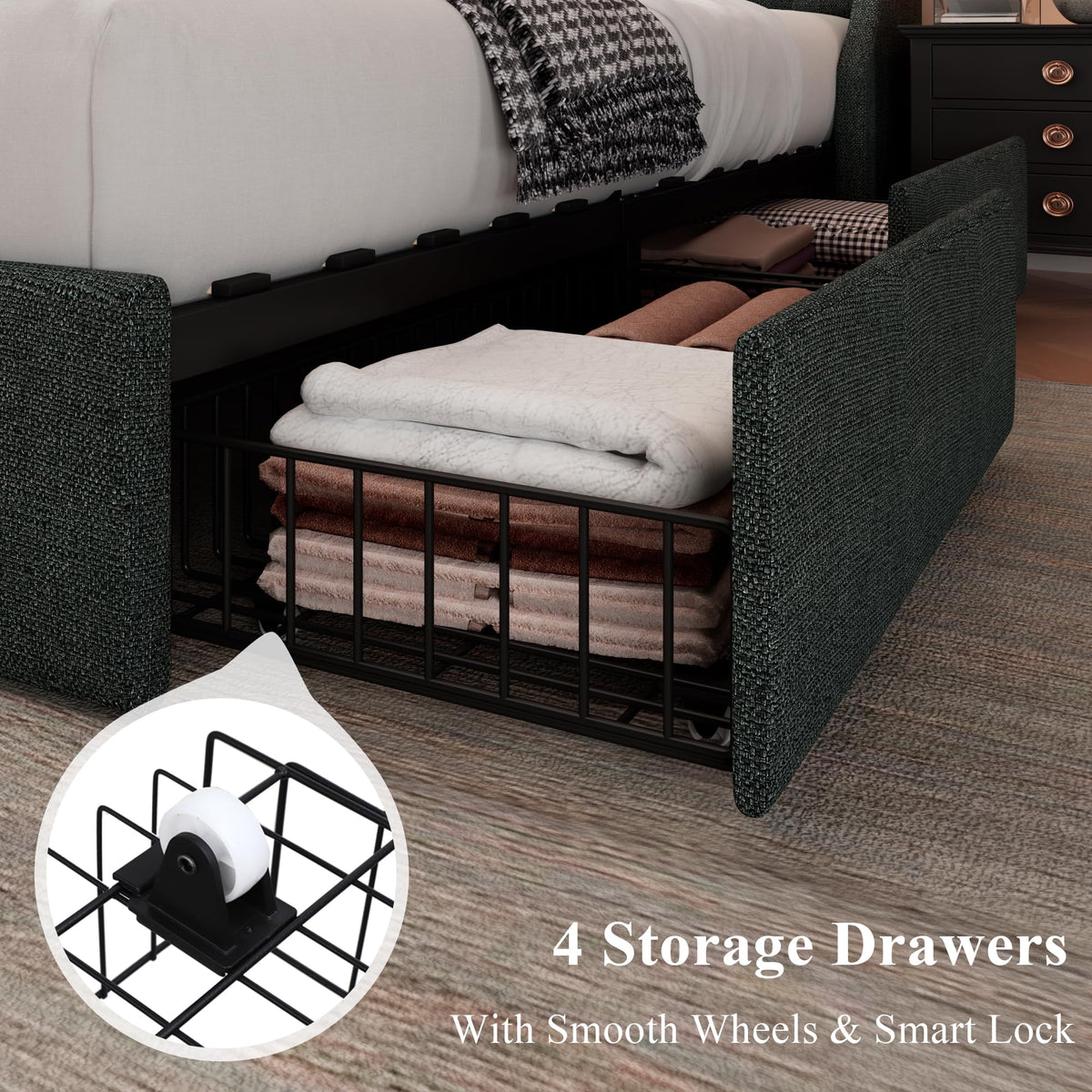 Queen Bed Frame with 4 Storage Drawers Upholstered Dark Grey Y578