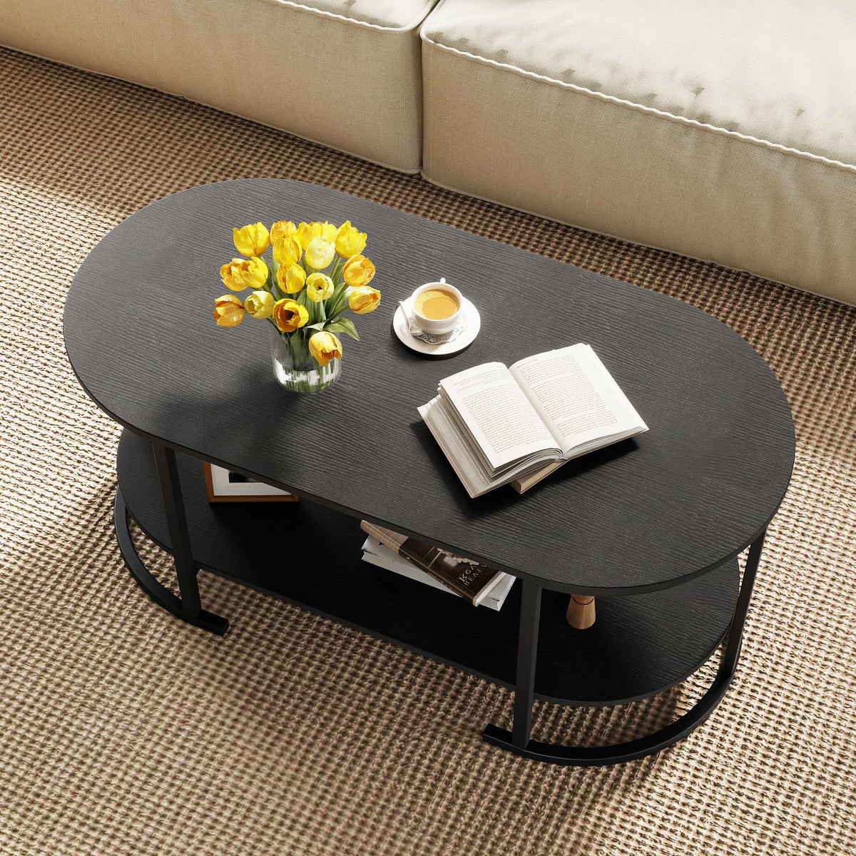 Black 2-Tier Oval Wood Coffee Table with Storage Z37571