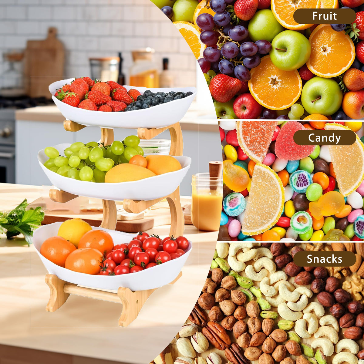 3 Tier Plastic Fruit Bowl with Bamboo Stand B97985