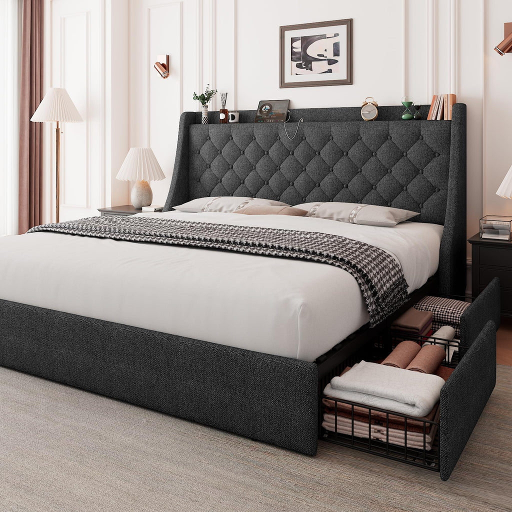 Queen Bed Frame with 4 Storage Drawers Upholstered Dark Grey Y578