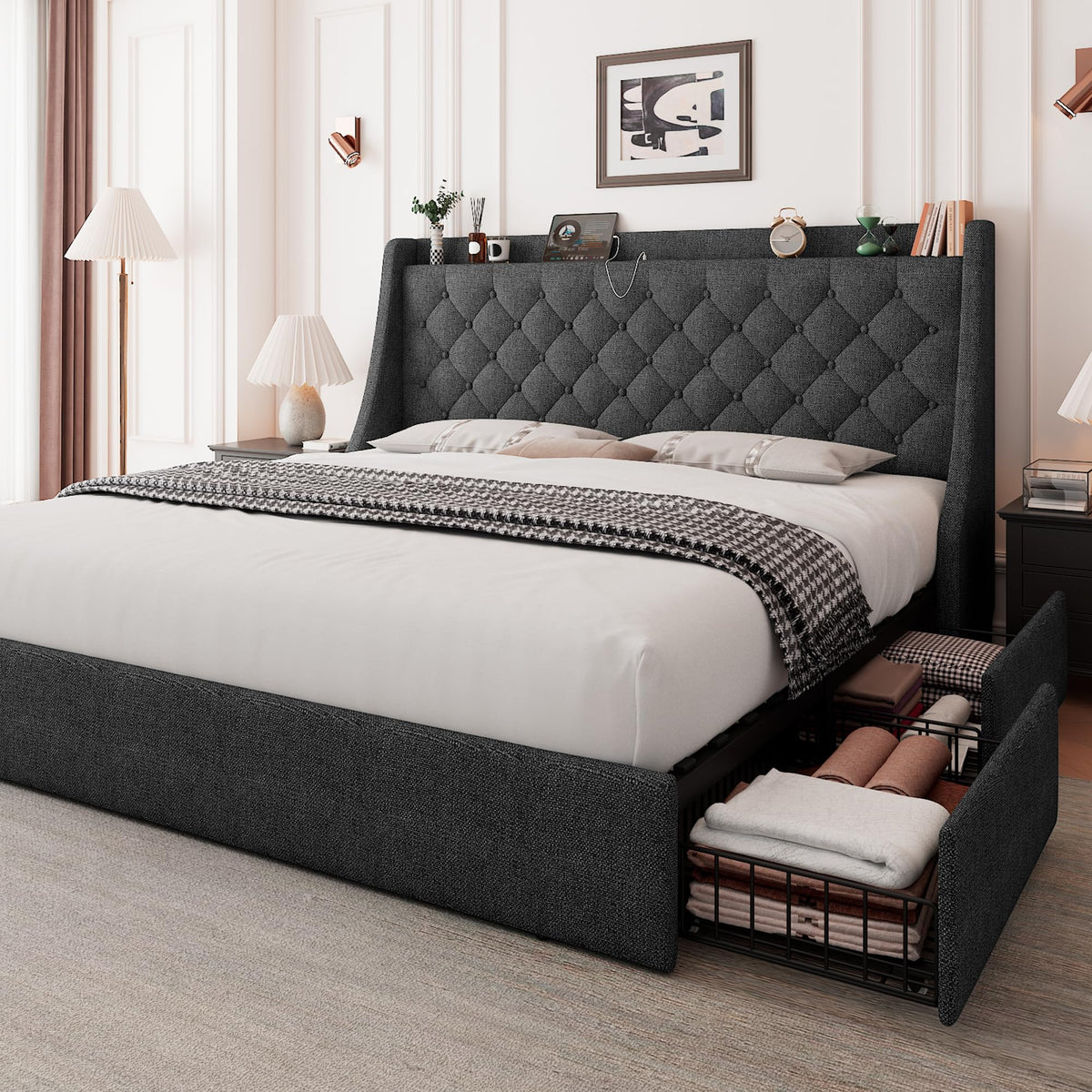 Queen Bed Frame with 4 Storage Drawers Upholstered Dark Grey Y578
