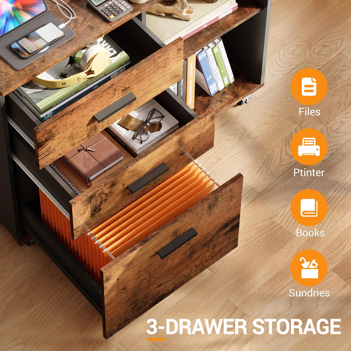 3 Drawer Wood File Cabinet with Storage Shelf D7611