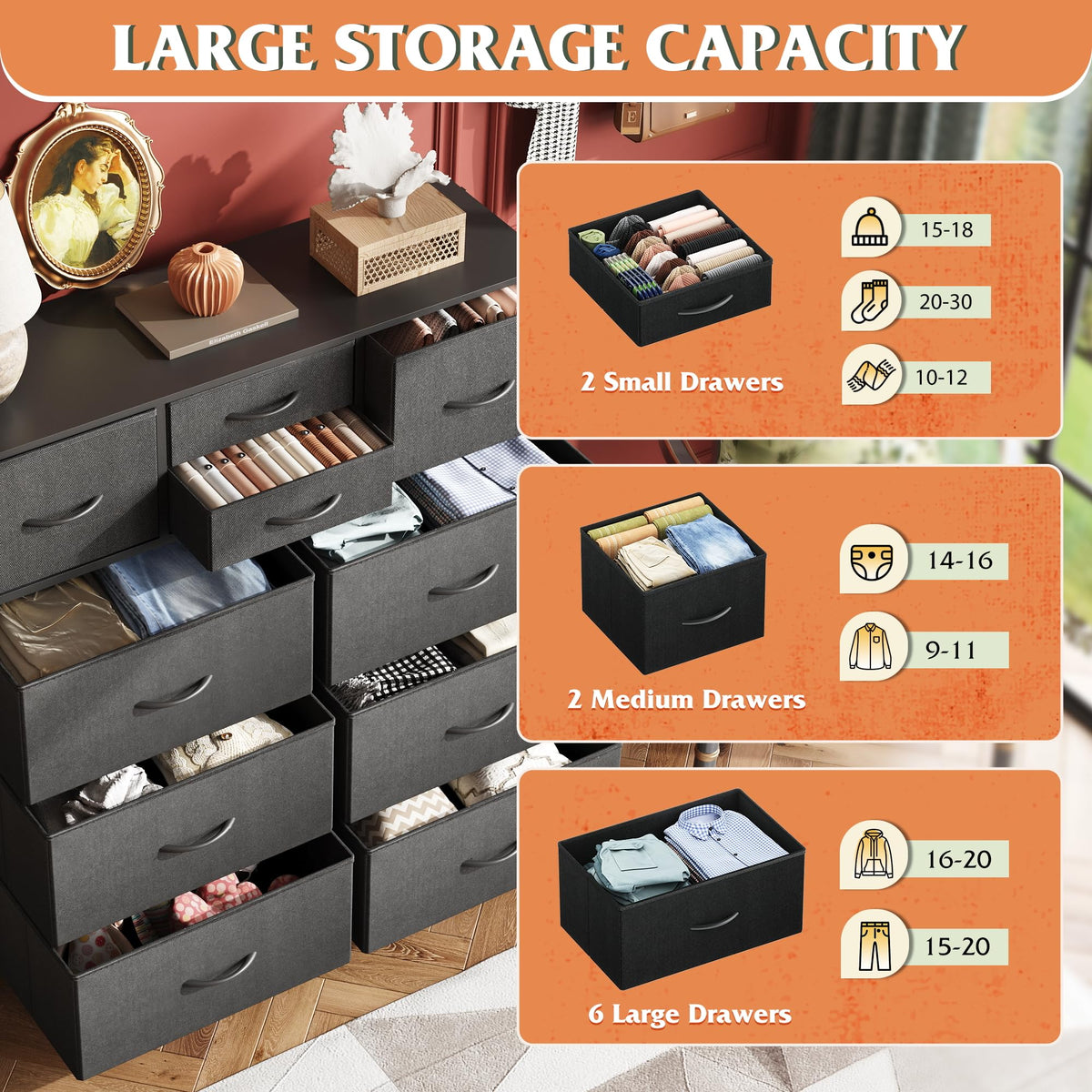 Black 10 Drawer Fabric Dresser E6583