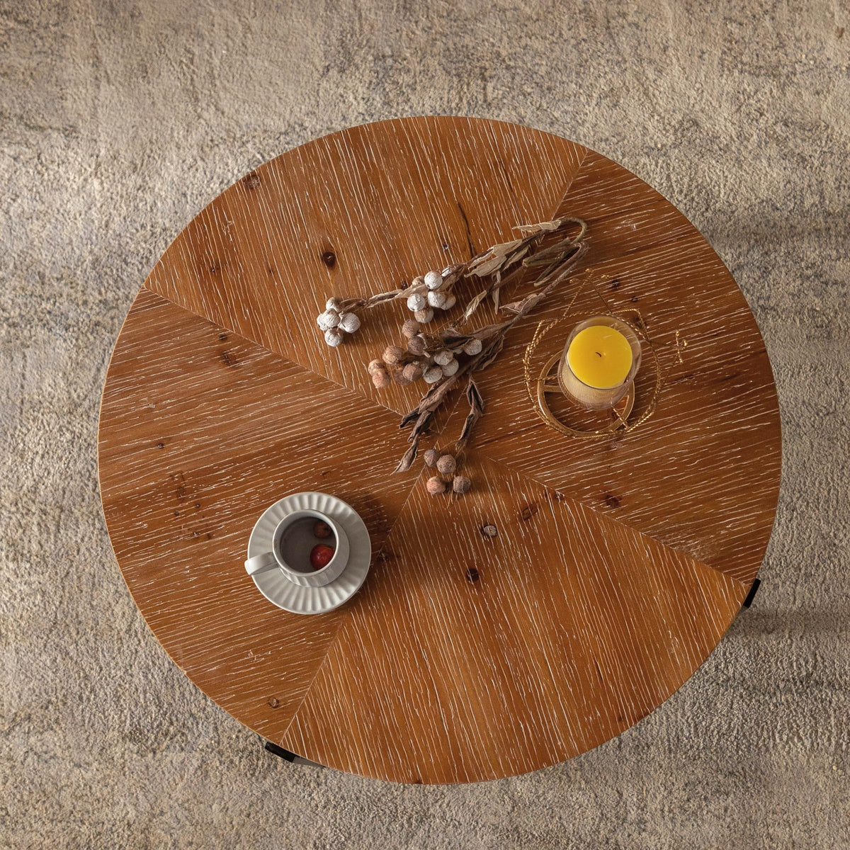 Round Coffee Table with Fir Wood Top and Black Cross Legs H102773
